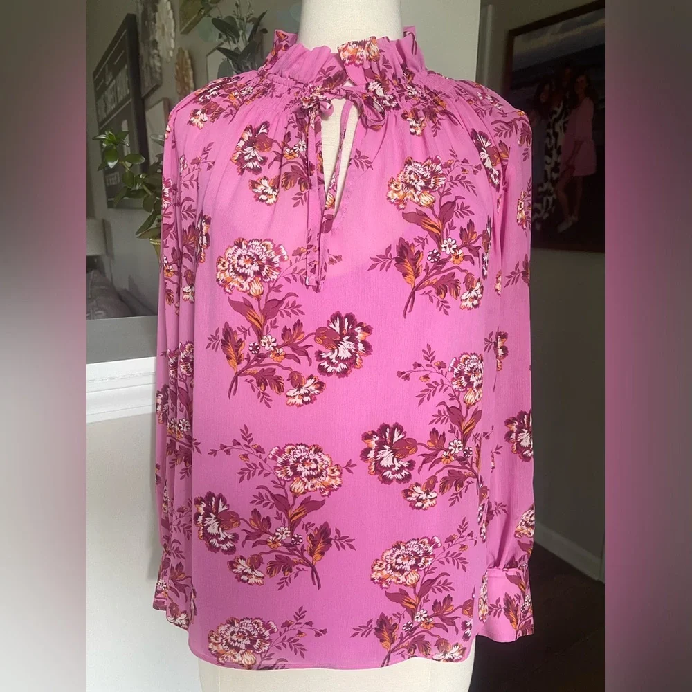 J Crew pink floral sheer drapey tie neck ruffle blouse top S